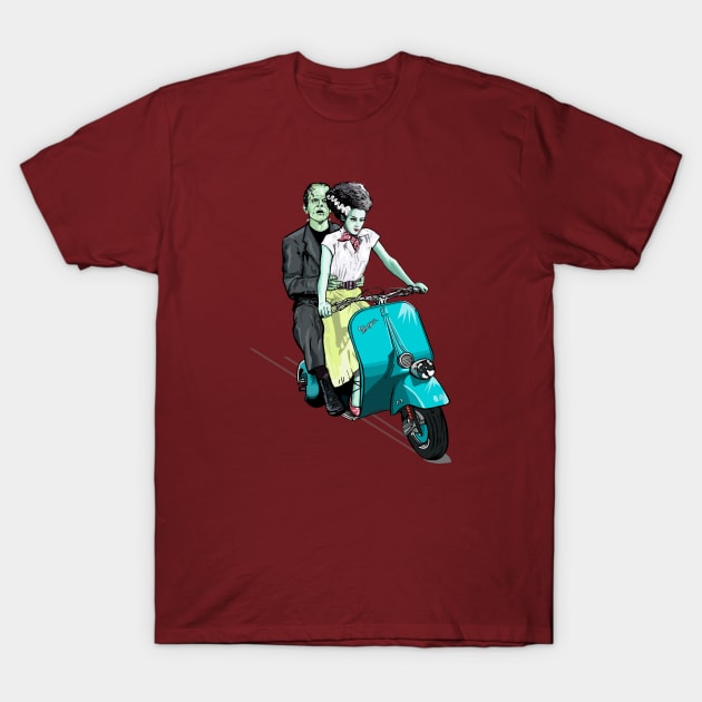 Frankenstein Holiday on scooter T-Shirt by FanboyMuseum